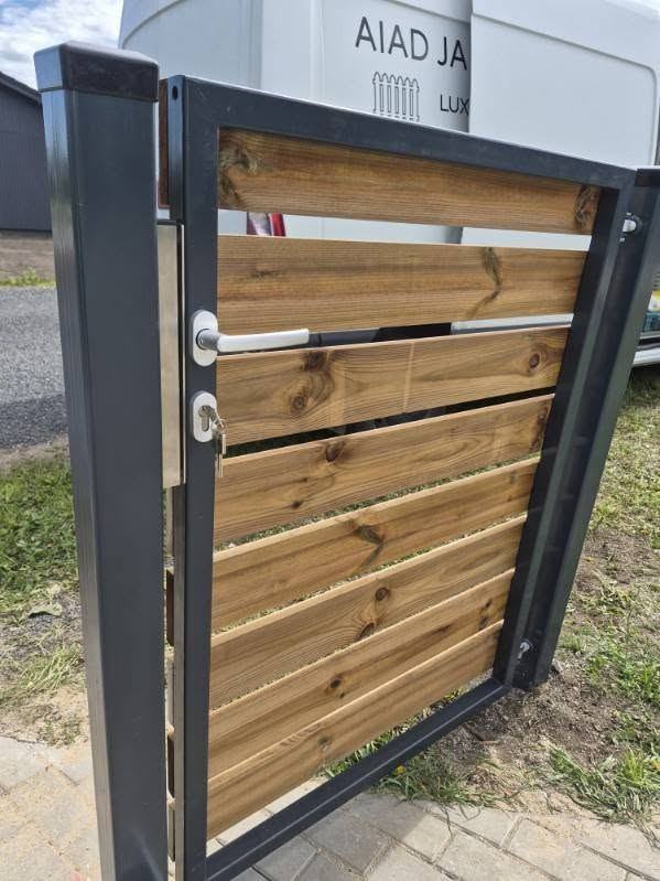Pedestrian gate with wood infill and lock