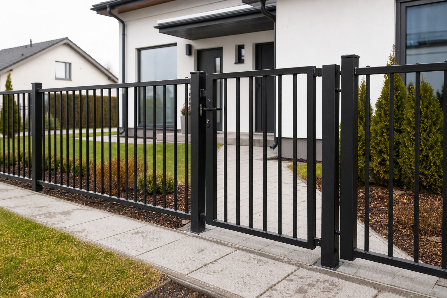 Matching welded metal-bar pedestrian and vehicle gate
