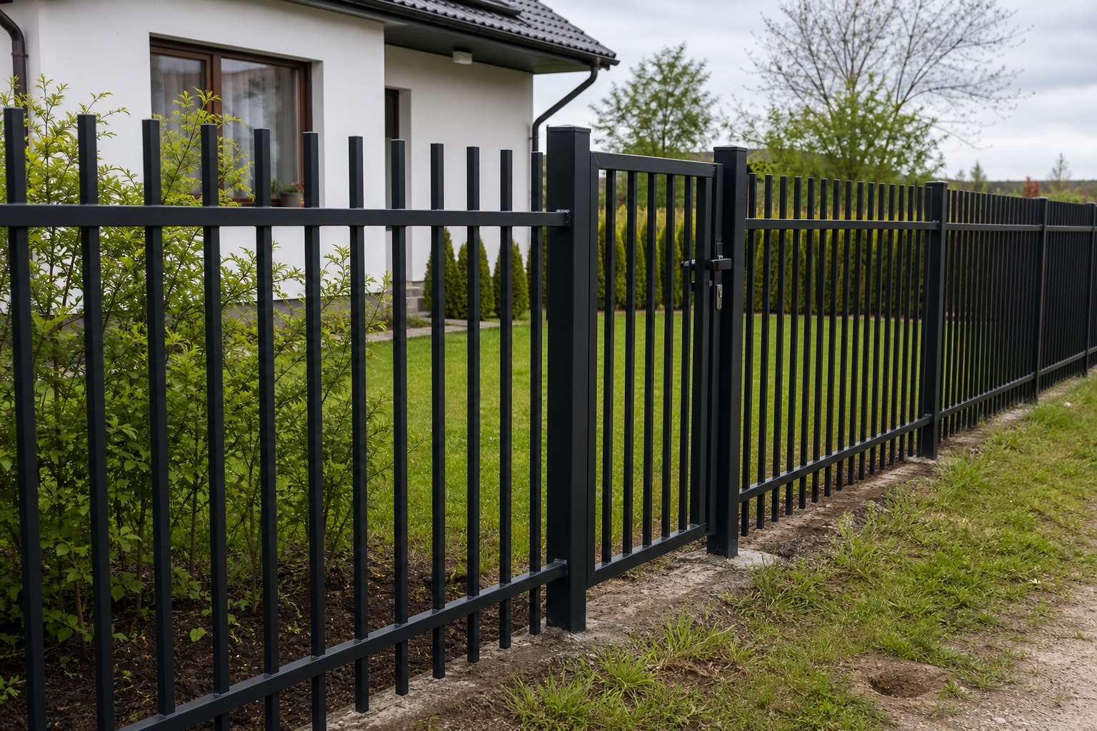 Straight welded metal-bar fence sections on a residential boundary