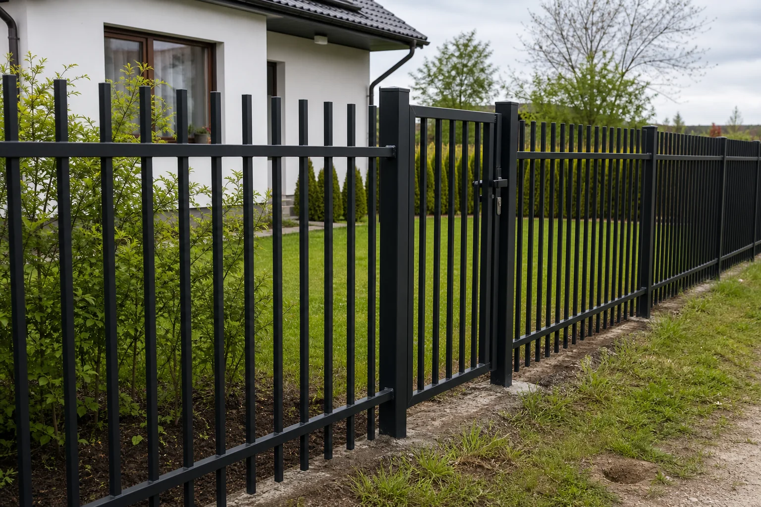 Straight welded metal-bar fence sections on a residential boundary