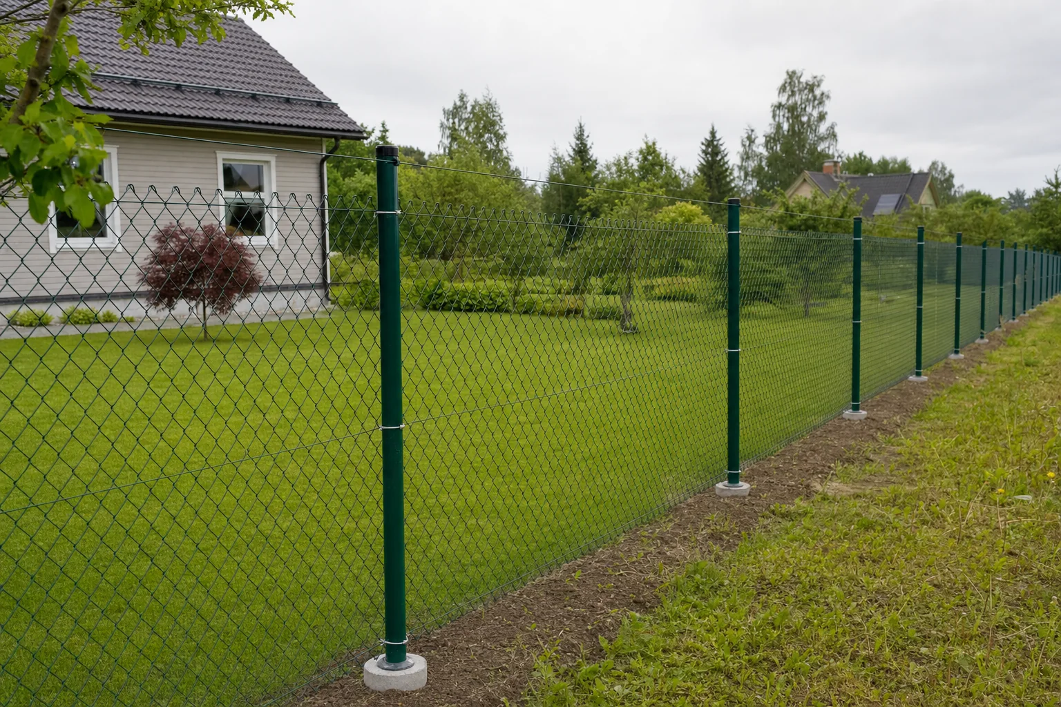 Welded roll-mesh fence along a residential boundary